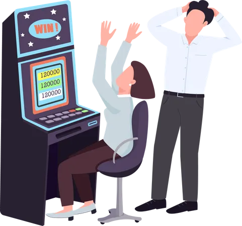 Gambler Flat Color Vector Faceless Characters Woman Win At Slot Machine Man Watch Female Gambler Person Celebrates Winning Cash Get Jackpot At Game Of Chance Casino Isolated Cartoon Illustration Illustration