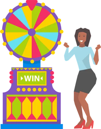 Happy Women Winner Game Machine Gambling Object Smiling Female Playing Roulette Or Fortune Casino Equipment Lucky Person Entertainment Vector Illustration