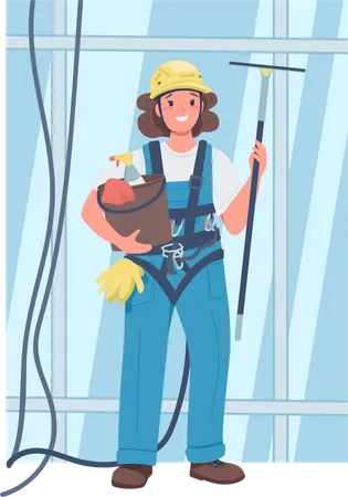 Woman Window Washer Flat Color Vector Detailed Character Lady In Working Uniform Cheerful Female Skyscraper Cleaning Worker Isolated Cartoon Illustration For Web Graphic Design And Animation Illustration