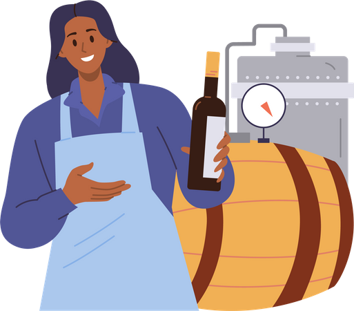 Woman wine maker presenting new wine bottle  Illustration