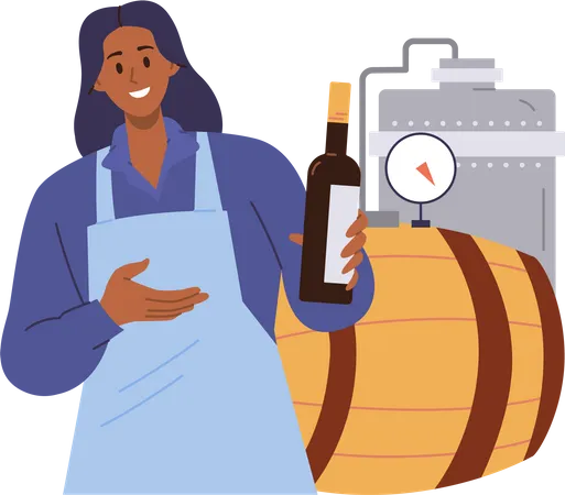 Woman wine maker presenting new wine bottle  Illustration