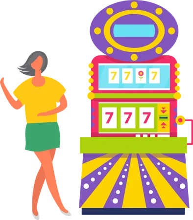 Player Female Standing Near Game Electronic Machine Colorful Casino Equipment Woman Gambling Win Or Success Icon Lucky Seven Combination Entertainment Vector Illustration