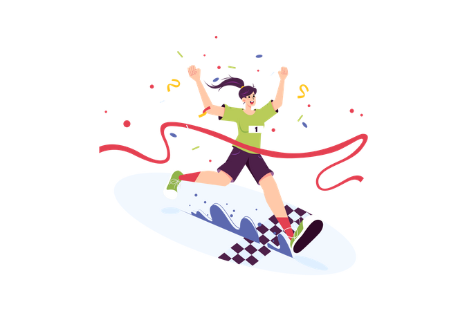 Woman winning and cross the finish line of a marathon  Illustration