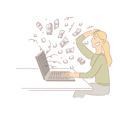 Receiving Big Payment Woman Winning Digital Lottery Jackpot Well Paid Work From Home Playing On Stock Market Successful Freelancer Success Online Cartoon Concept Sketch Flat Vector Illustration Illustration
