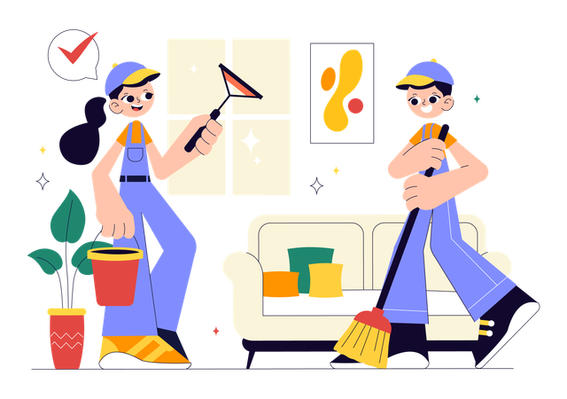 Woman wipes window glass of Home  Illustration