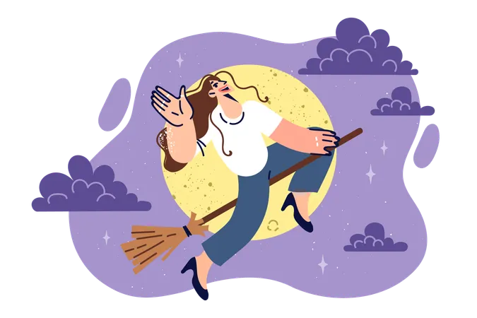 Woman Witch Flies On Broomstick During Full Moon And Waves Hand Congratulating You On Halloween Young Witch In Casual Clothes Levitates In Night Sky On Magic Broom From Fairy Tale Illustration