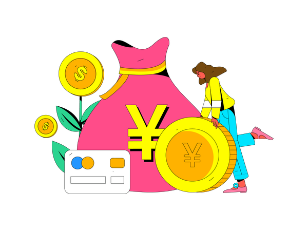 Woman with a card and her savings  Illustration