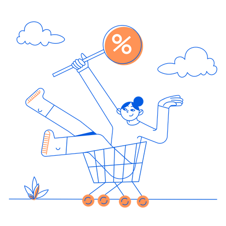 Woman with a discount sign in her shopping cart  Illustration