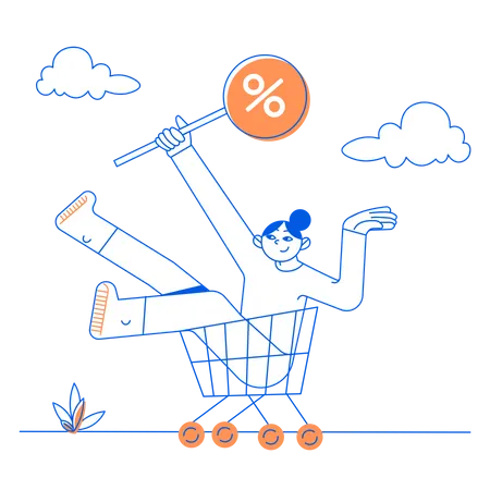 Woman with a discount sign in her shopping cart  일러스트레이션