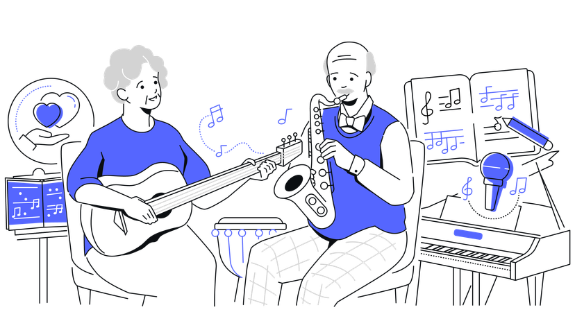 Woman with a guitar and man with a saxophone  Illustration