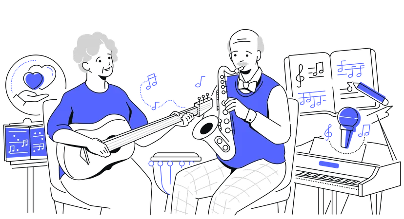Woman with a guitar and man with a saxophone  Illustration