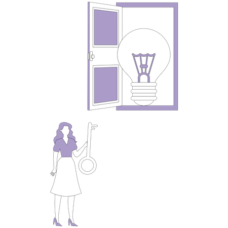 Woman with a key stands near door in form of light bulb  Illustration