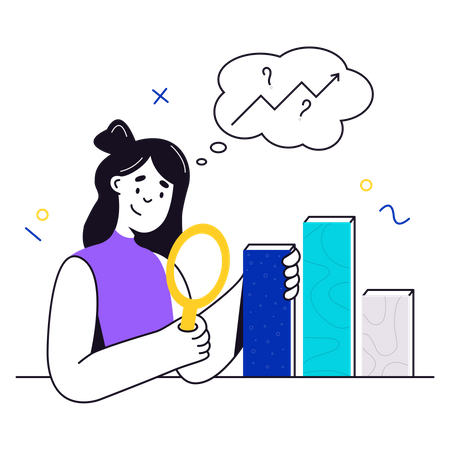 Woman with a magnifying glass analyzes business data Illustration