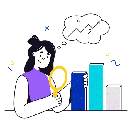 Woman with a magnifying glass analyzes business data  Illustration