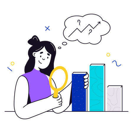 Woman with a magnifying glass analyzes business data  Illustration