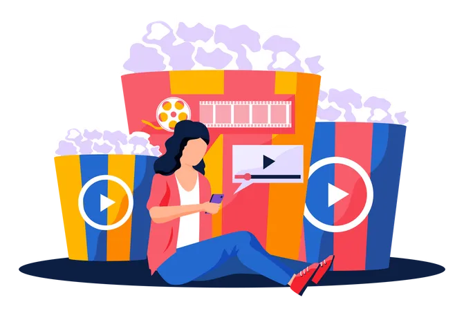 Woman With A Mobile Phone Is Sitting And Watching A Video On The Internet Against The Background Of Large Popcorn Buckets With An Image Of A Play Icon Online Cinema Cinematography On Devices Illustration