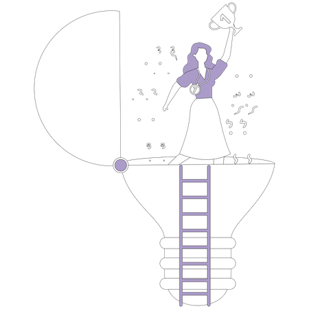 Woman with a winner's cup in an open light bulb  Illustration