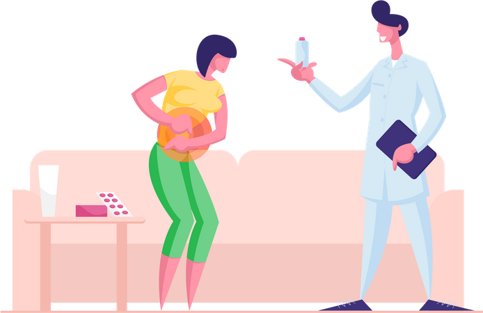 Woman with Abdominal Pain in Stomach and Gastrointestinal Indigestion Symptom Call Doctor to Home  イラスト