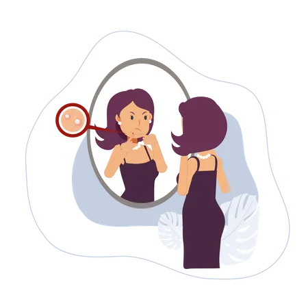 Acne Treatment Beautiful Woman Squeezing Her Pimple Looks Her Reflection In The Mirror And Getting Angry Due To Acne Problem Acne Treatment Flat Vector Cartoon Character Illustration Illustration