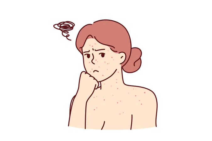 Woman with allergic rash on face and body looks sadly at screen needing help of dermatologist  イラスト