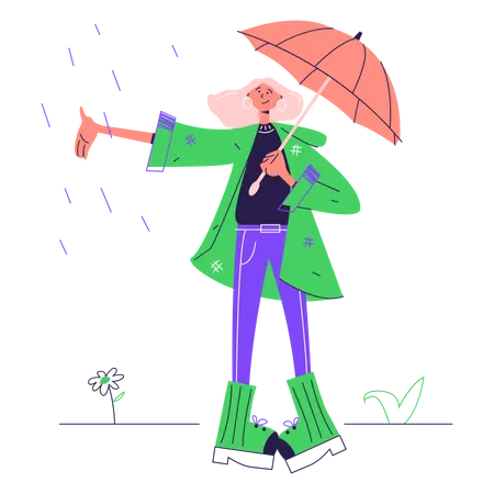 Woman with an umbrella enjoys the rain  Illustration