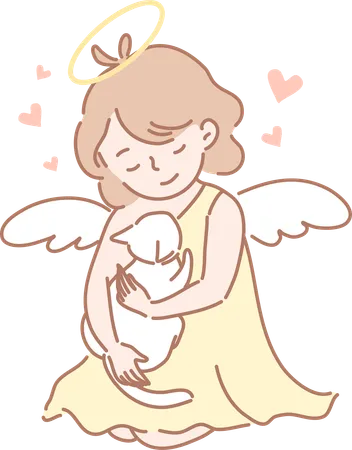 Woman with angel wings hugs her rabbit  Illustration