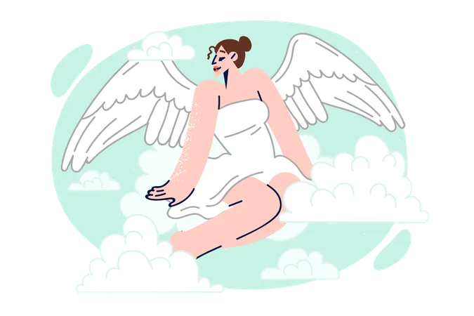 Woman with angel wings sits on clouds and looks to side  Illustration