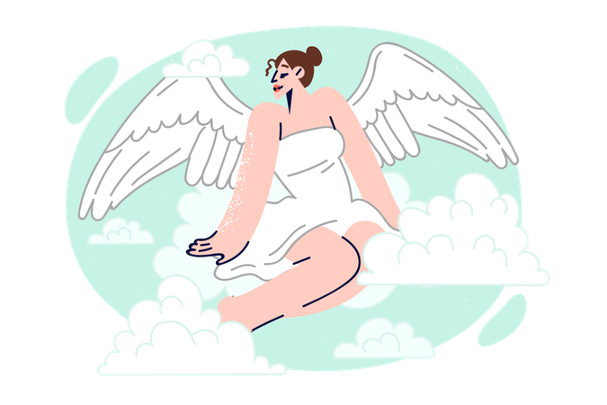 Woman with angel wings sits on clouds and looks to side  Illustration