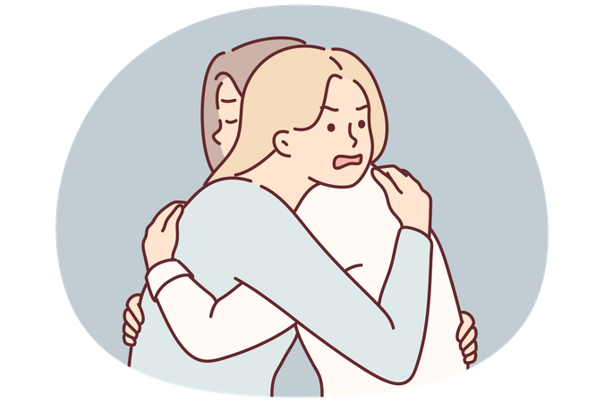 Woman with angry expression hugs girl friend hiding envy or jealousy in order to deceive  Illustration