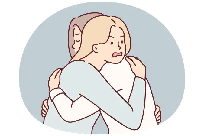 Woman with angry expression hugs girl friend hiding envy or jealousy in order to deceive  Illustration