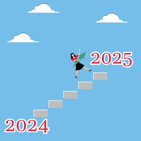 Woman with arrow jumps from 2024 to 2025  Illustration