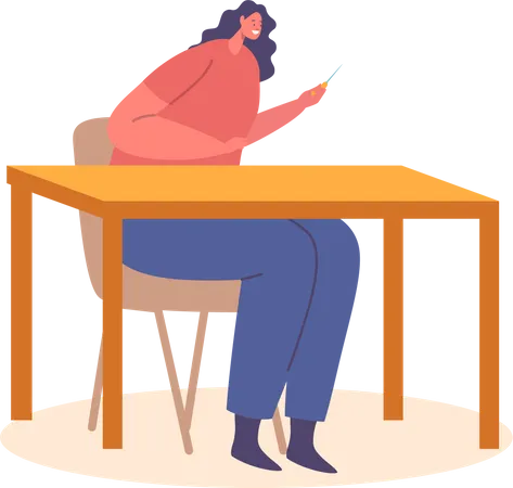 Woman with Awl in Hands Sitting at Workplace  Illustration