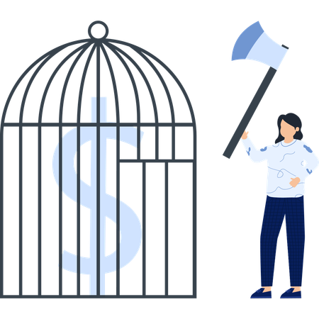 Woman with Axe Ready to Shatter Dollar Sign Cage Financial Freedom  Illustration