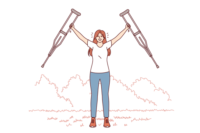 Woman with axillary crutches rejoices in recovery health legs after undergoing rehabilitation  Illustration