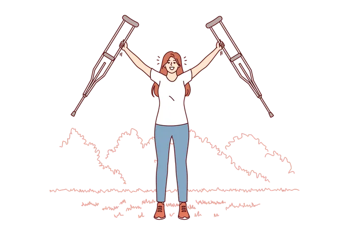 Woman With Axillary Crutches Rejoices In Recovery Health Legs And Opportunity Not To Use Auxiliary Medical Equipment Girl Gets Rid Of Armpit Crutches After Undergoing Rehabilitation In Hospital Illustration