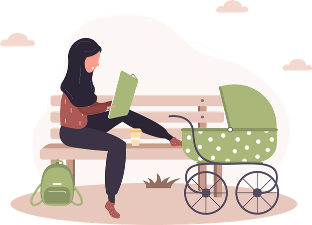 Woman with baby stroller reading book  Illustration