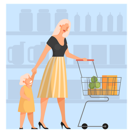 Woman with baby walking with shopping cart in supermarket  Illustration