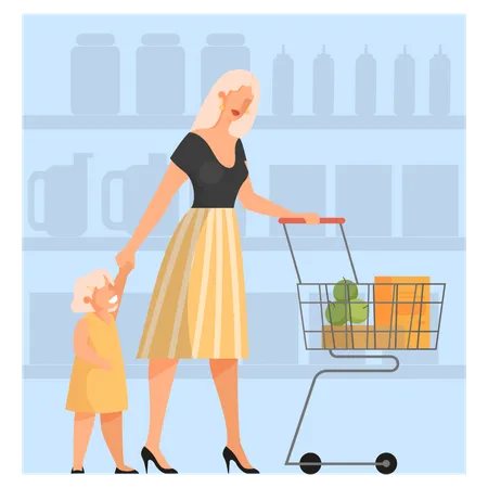 Woman with baby walking with shopping cart in supermarket  Illustration