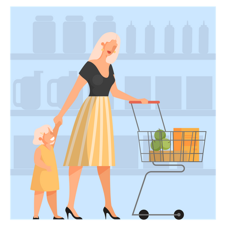 Woman with baby walking with shopping cart in supermarket Illustration