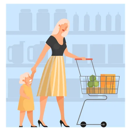 Woman with baby walking with shopping cart in supermarket Illustration