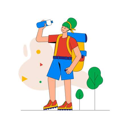 Woman with backpack drink water from bottle and walking at tourist route in mountains Illustration