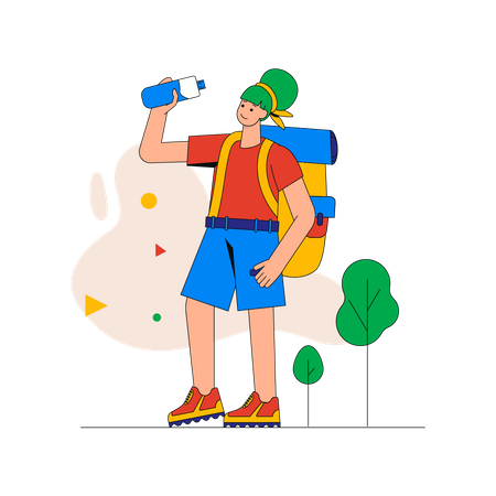 Woman with backpack drink water from bottle and walking at tourist route in mountains  Illustration