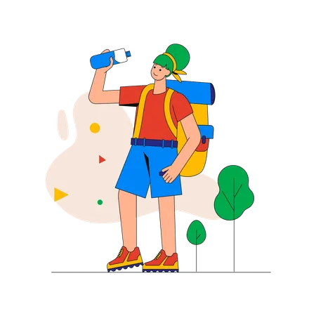 Woman with backpack drink water from bottle and walking at tourist route in mountains  Illustration