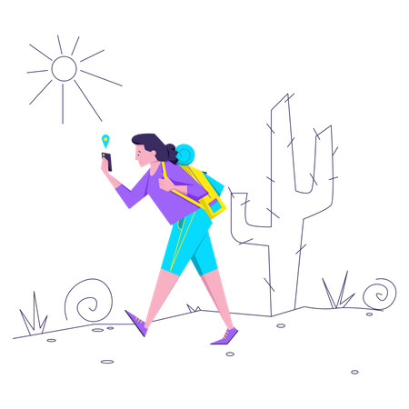 Woman with backpack walks the route Illustration