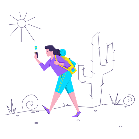 Woman with backpack walks the route  Illustration