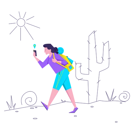 Woman with backpack walks the route  Illustration