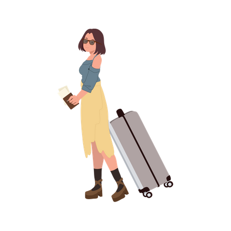 Woman with bag and passport  일러스트레이션