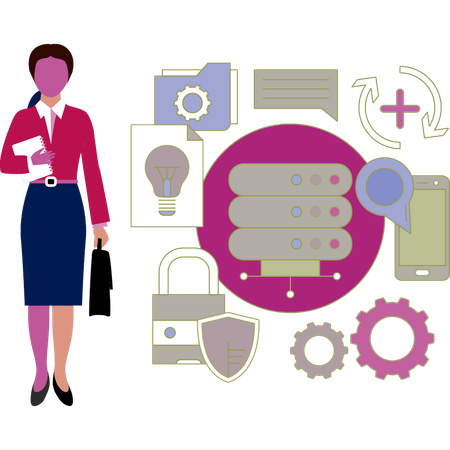 Woman with bag standing near database networking  Illustration