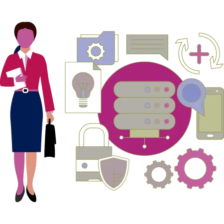 Woman with bag standing near database networking  Illustration