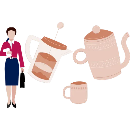 Woman with bag standing near tea cup  Illustration